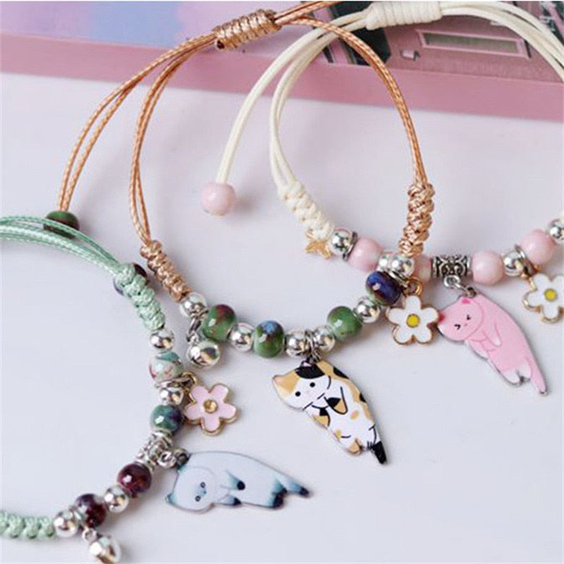 Pulseira de corda com berloques Gatinho